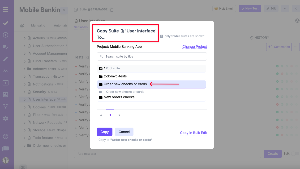 Testomat.io - 'Copy tests' pop-up